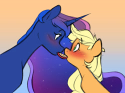 Size: 2647x1974 | Tagged: safe, artist:chub-wub, imported from derpibooru, applejack, princess luna, alicorn, earth pony, pony, apple, apple slice, blushing, boop, cute, duo, duo female, ethereal mane, eye contact, eyeshadow, female, food, freckles, herbivore, horn, jackabetes, lesbian, looking at each other, looking at someone, lunabetes, lunajack, makeup, mare, noseboop, sharing food, shipping