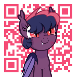 Size: 1280x1280 | Tagged: safe, imported from derpibooru, oc, oc only, pony, fangs, female, looking at you, qr code, shrunken pupils, simple background, smiling, smiling at you, solo