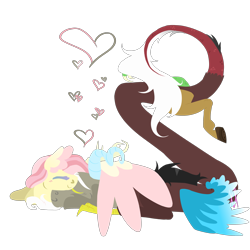 Size: 3000x3000 | Tagged: safe, artist:ikanahairitto, imported from derpibooru, discord, fluttershy, draconequus, pegasus, pony, discoshy, duo, female, heart, hug, male, mare, shipping, simple background, snuggling, straight, transparent background, winghug, wings