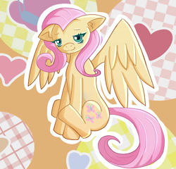 Size: 2470x2376 | Tagged: safe, artist:rudechicken, imported from derpibooru, fluttershy, pegasus, pony, abstract background, female, heart, heart background, mare, sitting, smiling, solo, spread wings, wings