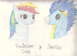 Size: 828x603 | Tagged: safe, artist:jeromerocks37, imported from derpibooru, rainbow dash, soarin', pegasus, pony, female, male, mare, shipping, soarindash, stallion, straight, traditional art