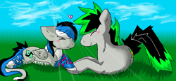 Size: 1620x749 | Tagged: safe, artist:softfur, imported from derpibooru, oc, oc only, earth pony, pegasus, pony, 2012, duo, duo male and female, earth pony oc, female, grass, gray coat, male, multicolored mane, multicolored tail, outdoors, pegasus oc, sky, smiling, tail, wings