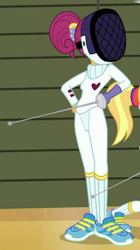 Size: 408x726 | Tagged: safe, imported from derpibooru, screencap, a queen of clubs, equestria girls, equestria girls series, background human, clothes, coulé, female, fencing, mask, my little pony equestria girls: better together, shoes, sneakers, sword, weapon