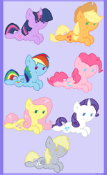 Size: 748x1211 | Tagged: safe, artist:softfur, imported from derpibooru, applejack, derpy hooves, fluttershy, pinkie pie, rainbow dash, rarity, twilight sparkle, earth pony, pegasus, pony, unicorn, 2012, cute, dashabetes, derpabetes, diapinkes, group, horn, jackabetes, mane six, old art, purple background, raribetes, shyabetes, simple background, smiling, twiabetes