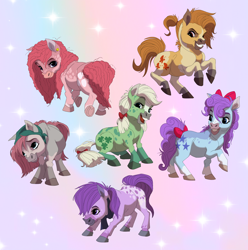 Size: 6414x6459 | Tagged: safe, artist:mandrawsdog, imported from derpibooru, blossom, blue belle, butterscotch (g1), cotton candy (g1), minty (g1), snuzzle, earth pony, pony, absurd file size, absurd resolution, female, g1, gradient background, mare, original six