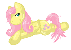 Size: 495x344 | Tagged: safe, artist:softfur, imported from derpibooru, fluttershy, pegasus, pony, female, lying down, mare, prone, simple background, smiling, solo, white background