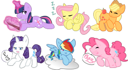 Size: 3222x1761 | Tagged: safe, artist:softfur, imported from derpibooru, applejack, derpy hooves, fluttershy, pinkie pie, rainbow dash, rarity, twilight sparkle, earth pony, pegasus, pony, unicorn, 2012, apple, book, cloud, cute, dashabetes, derpabetes, diapinkes, eyes closed, food, group, horn, jackabetes, magic, mane six, open mouth, open smile, raribetes, shyabetes, simple background, sleeping, smiling, transparent background, twiabetes