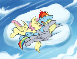 Size: 5208x3973 | Tagged: safe, artist:chub-wub, imported from derpibooru, derpy hooves, fluttershy, rainbow dash, pegasus, pony, cloud, cuddling, cute, dashabetes, derpabetes, derpydash, derpyshy, eyes closed, female, flutterdash, flutterderpydash, folded wings, lesbian, lying down, lying on a cloud, mare, meme, missing cutie mark, on a cloud, on back, on side, open mouth, outdoors, polyamory, rainbow dash gets all the mares, shipping, shyabetes, sky, sleeping, sleeping on a cloud, snoring, trio, trio female, waifu thief, wings