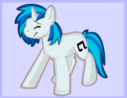 Size: 733x569 | Tagged: safe, artist:softfur, imported from derpibooru, dj pon-3, vinyl scratch, pony, unicorn, 2012, blue mane, blue tail, eyes closed, female, full body, horn, mare, purple background, simple background, smiling, solo, tail, white coat