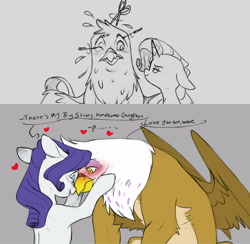 Size: 5127x5011 | Tagged: safe, artist:chub-wub, imported from derpibooru, gilda, rarity, griffon, pony, unicorn, beak, blue eyes, blue eyeshadow, blush lines, blushing, brown fur, brown wings, butch, butch lesbian, chest fluff, colored belly, colored chest fluff, colored wings, crack shipping, dialogue, duo, duo female, eyelashes, eyeshadow, feather, female, floating heart, floppy ears, frown, heart, height difference, high res, holding face, horn, lesbian, lidded eyes, looking at each other, looking at someone, magic, makeover, makeup, makeup brush, mare, nervous, not rule 63, one eye closed, open mouth, open smile, pale belly, partially open wings, purring, rarida, requested art, ringlets, shipping, sketch, smiling, smiling at each other, speech bubble, talking, telekinesis, touching noses, unicorn horn, white coat, wings, yellow eyes