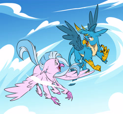 Size: 5209x4851 | Tagged: safe, artist:chub-wub, imported from derpibooru, gallus, silverstream, classical hippogriff, griffon, hippogriff, alternate design, beak, blue eyes, blue feathers, blue fur, blue sky, blue tail, blue wings, body fluff, claws, cloud, colored belly, colored claws, colored eyebrows, colored hooves, colored wings, day, duo, duo male and female, ear fluff, eye markings, feathered wings, female, flying, gradient background, hooves, jewelry, leg fluff, leonine tail, looking at each other, looking at someone, male, necklace, open beak, open mouth, open smile, outdoors, pale belly, paws, pink feathers, profile, purple eyes, requested art, sharp teeth, sky background, smiling, smiling at each other, spread wings, tail, tail fluff, teenager, teeth, three quarter view, toothed beak, turned head, two toned hair, two toned tail, wings