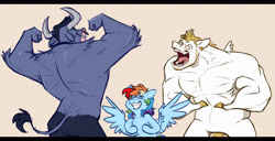 Size: 5322x2730 | Tagged: safe, artist:chub-wub, imported from derpibooru, bulk biceps, iron will, rainbow dash, minotaur, pegasus, pony, alternate design, beige background, bipedal, blonde mane, blonde tail, blue coat, blue fur, colored hooves, colored horns, curved horns, derp, ear piercing, earring, elbow fluff, eye clipping through hair, eyebrows, eyebrows visible through hair, eyes closed, facial hair, female, flexing, grin, height difference, hooves, horns, jewelry, male, mare, multicolored hair, multicolored mane, nose piercing, nose ring, open mouth, open smile, physique difference, piercing, rainbow hair, rear view, requested art, sideburns, simple background, size difference, smiling, spread wings, stallion, tail, teeth, tomboy, trio, unshorn fetlocks, white coat, wings, yellow eyes, yellow hooves