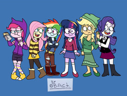 Size: 2048x1536 | Tagged: safe, artist:garybaldor, imported from derpibooru, applejack, fluttershy, pinkie pie, rainbow dash, rarity, twilight sparkle, human, equestria girls, barbara gordon, batgirl, blue background, bumblebee (dc comics), burrito, clothes, cosplay, costume, crossover, dc comics, dc superhero girls, diana prince, eating, female, food, green lantern, jessica cruz, kara danvers, kara zor-el, karen beecher, mane six, signature, simple background, supergirl, wonder woman, zatanna, zee zatara