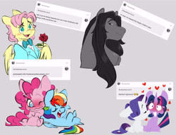 Size: 7800x6000 | Tagged: safe, artist:chub-wub, imported from derpibooru, fluttershy, pinkie pie, rainbow dash, rarity, twilight sparkle, earth pony, pegasus, pony, unicorn, alternate hairstyle, ask, bangs, big ears, blue coat, blue eyes, blush lines, blushing, blushing profusely, bowtie, butterscotch, chad, chibi, clothes, crossed legs, curly mane, curly tail, eyebrows, eyebrows visible through hair, eyelashes, eyes closed, female, floating heart, floppy ears, flower, flustered, flutterguy, folded wings, gray background, hatching (technique), heart, hooves behind head, horn, lesbian, long mane, looking at someone, mare, masculine, missing cutie mark, motion lines, multicolored hair, multicolored mane, multicolored tail, necktie, no pupils, open mouth, open smile, pink coat, pink mane, pink tail, pinkiedash, purple mane, purple tail, rainbow hair, rainbow tail, raised hoof, rarilight, requested art, ringlets, rose, rule 63, shiny mane, shipping, short hair fluttershy, short mane twilight sparkle, shrunken pupils, simple background, smiling, straight mane, straight tail, suit, tail, tailboner, three toned mane, three toned tail, tuxedo, unicorn horn, unicorn twilight, white coat, wing fluff, wing hold, wings, yellow coat