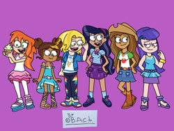 Size: 2048x1536 | Tagged: safe, artist:garybaldor, imported from derpibooru, human, equestria girls, applejack's hat, barbara gordon, batgirl, bumblebee (dc comics), clothes, costume, cowboy hat, crossover, cupcake, dc comics, dc superhero girls, diana prince, equestria girls outfit, female, food, green lantern, group, hat, jessica cruz, kara danvers, kara zor-el, karen beecher, pink background, signature, simple background, supergirl, wonder woman, zatanna, zee zatara