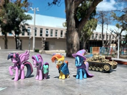 Size: 4000x3000 | Tagged: safe, artist:dingopatagonico, imported from derpibooru, starlight glimmer, sunburst, trixie, twilight sparkle, alicorn, unicorn, cape, cloak, clothes, hat, horn, panzer, panzer iii, photo, sunburst's cloak, tank (vehicle), trixie's cape, trixie's hat, twilight sparkle (alicorn)