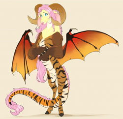 Size: 4450x4314 | Tagged: safe, artist:chub-wub, imported from derpibooru, part of a set, fluttershy, draconequus, arm fluff, brown hooves, chest fluff, claws, coat markings, colored claws, colored hooves, colored horns, colored legs, colored paw pads, colored pinnae, colored wings, draconequified, facial markings, floppy ears, flutterequus, gradient horns, gray background, hooves, horns, leg stripes, legs, leonine tail, long ears, long hair, mismatched legs, multicolored fur, multicolored tail, multicolored wings, pink hair, ram horns, shadow, shiny hair, shiny tail, shoulder fluff, simple background, slender, snip (coat marking), solo, species swap, standing, striped, stripes, tail, thin, tongue out, wing claws, wings