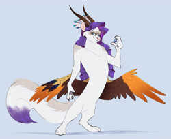 Size: 5104x4160 | Tagged: safe, artist:chub-wub, imported from derpibooru, part of a set, rarity, draconequus, blue background, cat tail, colored claws, colored ears, colored horns, colored paw pads, colored pinnae, colored tailtip, colored wings, draconequified, facial markings, feline, holding, leg fluff, long hair, long horns, multicolored wings, paws, purple hair, raised arm, ringlets, shadow, shiny hair, shoulder fluff, simple background, smiling, solo, species swap, spread wings, tail, white fur, wings