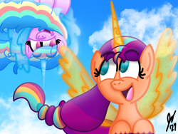 Size: 2160x1620 | Tagged: safe, artist:jesslmc16, imported from derpibooru, izzy moonbow, sunny starscout, alicorn, pony, alicornified, artificial horn, artificial wings, augmented, cloud, duo, duo female, female, flying, g5, gradient background, horn, izzy rainbow, lesbian, looking at each other, looking at someone, mane stripe sunny, mare, moonscout, open mouth, race swap, shipping, sky, smiling, sunnycorn, upside down, wings