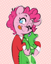 Size: 1574x1952 | Tagged: safe, artist:chub-wub, imported from derpibooru, gummy, pinkie pie, alligator, earth pony, pony, :p, abstract background, alternate hairstyle, annie, clothes, cosplay, costume, crossover, cute, diapinkes, female, little orphan annie, mare, one eye closed, shirt, short hair, solo, tongue out, wink