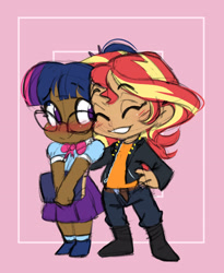 Size: 2496x3039 | Tagged: safe, artist:chub-wub, imported from derpibooru, sci-twi, sunset shimmer, twilight sparkle, human, belt, blushing, book, boots, chibi, clothes, cute, dark skin, denim, duo, duo female, eyebrows, eyebrows visible through hair, eyes closed, female, glasses, grin, humanized, jacket, jeans, leather, leather jacket, lesbian, pants, sci-twishimmer, shipping, shirt, shoes, skirt, smiling, socks, sunsetsparkle, t-shirt