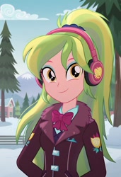 Size: 832x1216 | Tagged: safe, imported from derpibooru, lemon zest, human, equestria girls, ai content, ai generated, clothes, coat, headphones, outdoors, prompter:nw th, smiling, snow, solo, tree, winter, winter outfit