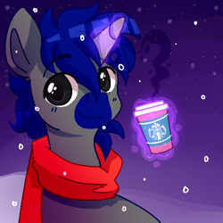 Size: 500x500 | Tagged: safe, artist:amiicommissions, imported from derpibooru, oc, pony, unicorn, clothes, coffee cup, cup, horn, magic, male, scarf, solo, stallion