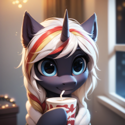 Size: 1024x1024 | Tagged: safe, imported from derpibooru, oc, oc:velvet remedy, pony, unicorn, fallout equestria, ai content, ai generated, coffee, generator:pony diffusion v6 xl, generator:stable diffusion, hearth's warming, horn, indoors, prompter:teonanakatle, solo, winter