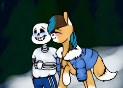 Size: 3500x2500 | Tagged: safe, artist:dorry, imported from derpibooru, oc, earth pony, fox, fox pony, hybrid, blushing, bone, clothes, coat markings, crossover, earth pony oc, eyes closed, facial markings, female, female oc, fox tail, jacket, kissing, male, mare oc, oc name needed, old art, outdoors, raised hoof, sans (undertale), shirt, skeleton, snow, t-shirt, tail, trade, undertale