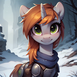 Size: 1024x1024 | Tagged: safe, imported from derpibooru, oc, oc:littlepip, pony, unicorn, fallout equestria, ai content, ai generated, armor, blushing, ear blush, female, female oc, generator:pony diffusion v6 xl, generator:stable diffusion, horn, looking at you, mare, mare oc, outdoors, prompter:teonanakatle, smiling, smiling at you, snow, solo, tree, unicorn oc, winter