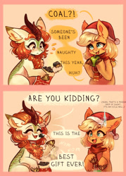 Size: 2046x2855 | Tagged: safe, artist:polnocnykot, imported from derpibooru, applejack, autumn blaze, earth pony, kirin, pony, 2 panel comic, apple, awwtumn blaze, christmas, christmas stocking, clothes, coal, comic, cute, dialogue, duo, duo female, ear fluff, eating, emanata, eyes closed, female, food, freckles, happy, happy new year, hat, holiday, hooves, horn, icicle, kirins doing kirin things, merry christmas, nom, open mouth, open smile, present, raised hoof, santa hat, scarf, shocked, shoulder fluff, shoulder freckles, smiling, sock, speech bubble, sweat, sweatdrop, talking, text, unshorn fetlocks, winter, winter outfit