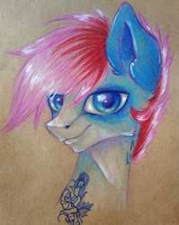 Size: 2033x2560 | Tagged: safe, artist:just_yuki, imported from derpibooru, oc, oc only, pony, blue eyes, bust, looking at you, male, male oc, pencil drawing, pink hair, portrait, solo, tattoo, traditional art