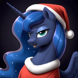 Size: 4096x4096 | Tagged: safe, artist:vesteffi, imported from derpibooru, princess luna, alicorn, pony, winter wrap up, ai content, black background, blue eyes, christmas, hat, holiday, my little pony, night, santa claus, santa hat, simple background, smiling, winter