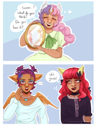 Size: 3100x4000 | Tagged: safe, artist:altarichiru, imported from derpibooru, apple bloom, scootaloo, sweetie belle, human, ..., 2 panel comic, alternate hairstyle, blushing, bow, bracelet, choker, clothes, comic, cutie mark crusaders, dark skin, dress, ear piercing, eared humanization, earring, eyes closed, eyeshadow, female, freckles, gap teeth, goth, hair bow, heart, horn, horned humanization, humanized, jewelry, lipstick, makeover, makeup, mirror, nail polish, necklace, older, older apple bloom, older cmc, older scootaloo, older sweetie belle, open mouth, piercing, shirt, sweat, sweatdrop, tomboy taming, trio, trio female, winged humanization, wings