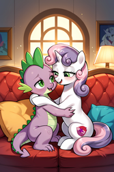 Size: 3072x4608 | Tagged: source needed, safe, imported from derpibooru, spike, sweetie belle, dragon, pony, unicorn, ai assisted, ai content, ai generated, chart, couch, female, horn, hug, lamp, male, pillow, prompter:the emissary, shipping, spikebelle, straight, window