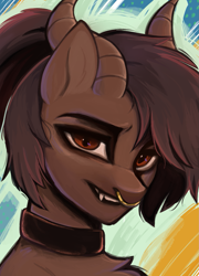 Size: 1107x1536 | Tagged: safe, artist:alunedoodle, imported from derpibooru, oc, oc:whiskey dreams, demon, demon pony, original species, pony, bust, collar, fangs, female, horn, mare, nose piercing, piercing, ponytail, portrait, septum piercing, solo