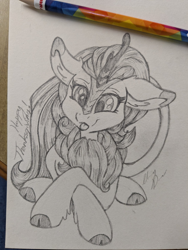 Size: 1536x2048 | Tagged: safe, artist:gleamydreams, imported from derpibooru, autumn blaze, kirin, pony, :p, female, mare, pencil, pencil drawing, sketch, solo, tongue out, traditional art