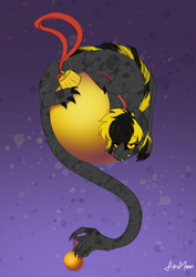 Size: 2480x3508 | Tagged: safe, artist:alrumoon_art, imported from derpibooru, oc, oc only, oc:jehr, lizard, lizard pony, original species, pony, reptile, black and yellow, black eye, black mane, christmas, christmas decoration, cunning, decoration, gift art, gradient background, holding, holding hands, holiday, hybrid oc, levitation, long neck, long pony, long tail, looking at you, magic, mohawk, multiple legs, sharp teeth, shrunken pupils, six legs, smiling, smiling at you, solo, tail, tail hand, teeth, telekinesis, yellow eyes, yellow mane