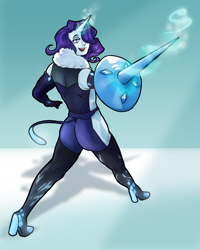 Size: 3200x4000 | Tagged: safe, artist:cheddarbreader, imported from derpibooru, rarity, anthro, plantigrade anthro, unicorn, ambiguous facial structure, bodysuit, boots, clothes, commission, female, glowing, glowing horn, hair over one eye, horn, magic, shield, shoes, solo, sword, weapon