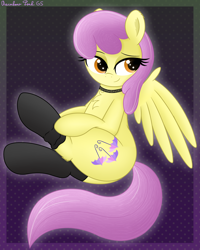 Size: 2988x3728 | Tagged: safe, artist:rainbowšpekgs, imported from derpibooru, parasol, pegasus, pony, background pony, bedroom eyes, chest fluff, choker, clothes, cute, dressing, female, mare, sitting, socks, solo, spread wings, wings