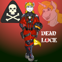 Size: 900x900 | Tagged: safe, artist:quicktron, imported from derpibooru, oc, oc only, oc:dead lock, anthro, unguligrade anthro, unicorn, action force, anthro oc, clothes, female, flight suit, g.i. joe, hand on hip, helmet, horn, red shadows, roboskull pilot, sharp teeth, signature, smiling, solo, teeth