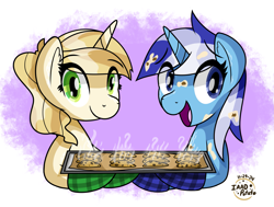 Size: 1733x1310 | Tagged: safe, artist:notadeliciouspotato, imported from derpibooru, minuette, sweet biscuit, pony, unicorn, abstract background, baking sheet, batter, bust, cookie, duo, female, food, horn, looking at you, open mouth, open smile, oven mitts, signature, smiling, steam