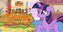 Size: 828x423 | Tagged: safe, editor:hyenari6296, imported from derpibooru, twilight sparkle, alicorn, pony, burger, crying, female, folded wings, food, hay burger, holiday, kitchen, kitchen sink, mare, raised hoof, refrigerator, tears of joy, thanksgiving, twilight burgkle, twilight sparkle (alicorn), wings