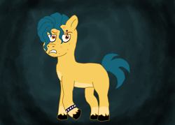 Size: 1581x1132 | Tagged: safe, artist:shucku, imported from derpibooru, hitch trailblazer, acne, alternate hairstyle, colt, emo, eyebrow piercing, foal, g5, hoof polish, male, piercing, simple background, solo, spiked wristband, teenager, wristband, younger