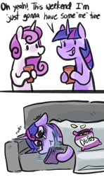 Size: 1883x3185 | Tagged: safe, artist:smirk, imported from derpibooru, twilight sparkle, twinkleshine, chips, comic, couch, crying, cup, depressed, dialogue, food, phone, red solo cup