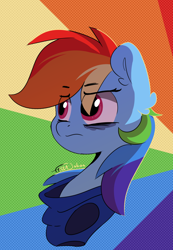 Size: 900x1300 | Tagged: safe, artist:fakkajohan, imported from derpibooru, rainbow dash, pegasus, pony, bags under eyes, bust, clothes, female, pensive, signature, solo, tired, uniform, wonderbolts uniform