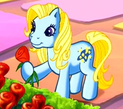 Size: 427x379 | Tagged: safe, imported from derpibooru, screencap, moondancer (g3), earth pony, pony, the princess promenade, blue pony, cropped, female, flower, g3, hoof hold, mare, rose, solo, yellow mane