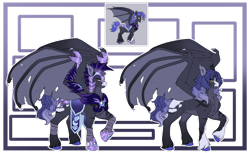 Size: 1280x783 | Tagged: safe, artist:malinraf1615, imported from derpibooru, oc, oc only, oc:rainstorm, bat pony, pony, abstract background, armor, bat pony oc, bat wings, blaze (coat marking), chest fluff, chestplate, coat markings, colored hooves, colored pinnae, ear tufts, facial markings, fangs, helmet, hoof shoes, hooves, leg wraps, lidded eyes, male, night guard armor, pale belly, purple hair, raised hoof, scar, slit pupils, socks (coat markings), solo, sparkly ears, sparkly legs, spread wings, stallion, torn wings, unshorn fetlocks, wing armor, wings, yellow eyes