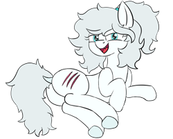 Size: 1250x1000 | Tagged: safe, artist:duckgoblin, earth pony, pony, blue eyes, cat scratch, dock, fangs, female, hair tie, looking at you, mare, ponerpics community collab 2024, scratching, simple background, solo, transparent background, white coat, white pony