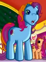 Size: 343x464 | Tagged: safe, imported from derpibooru, screencap, pony, blue pony, cropped, duo, g3, green eyes, mish mash mee, multicolored mane, multicolored tail, pinky pie and the ladybug jamboree, shocked, solo focus, tail